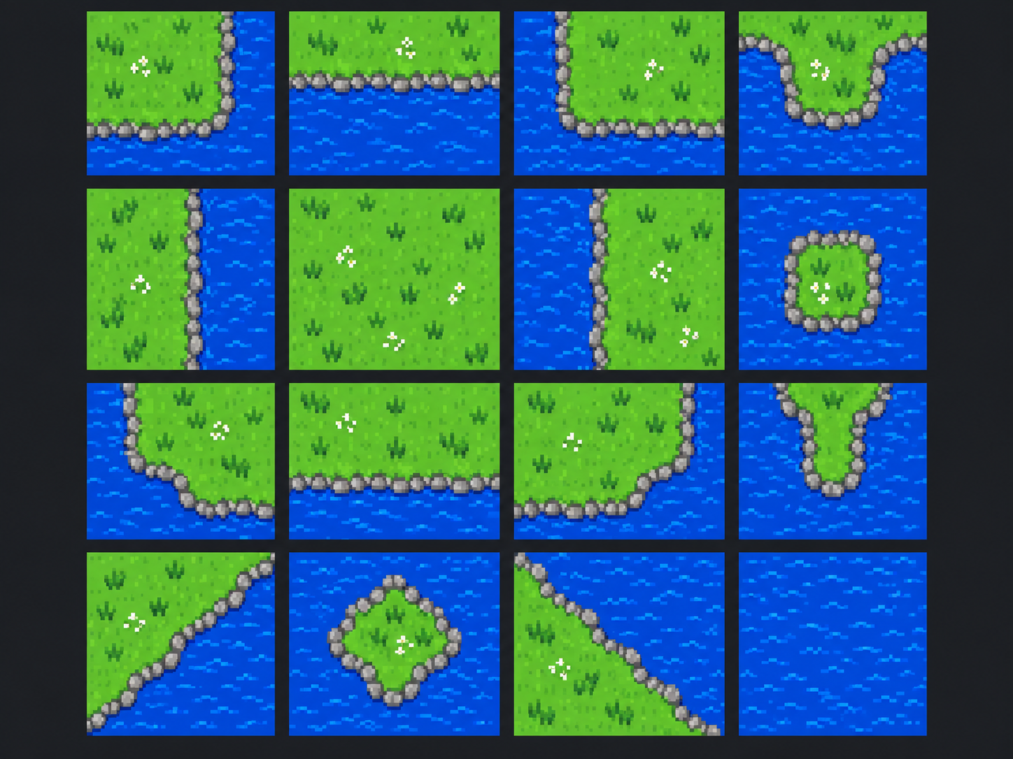 Sixteen pixel-art corner terrain tiles arranged in a 4 by 4 sheet