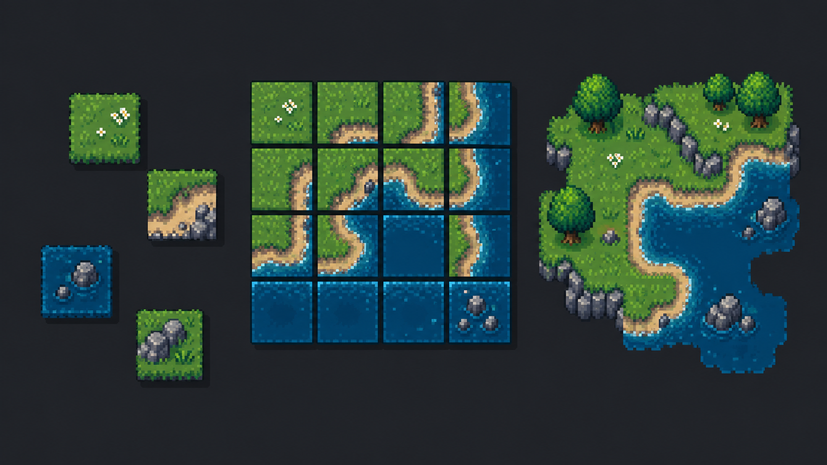 A pixel-art terrain atlas with individual tiles and a placed map fragment