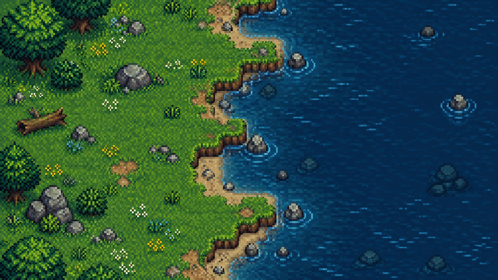Pixel-art grass terrain meeting a blue-water shoreline