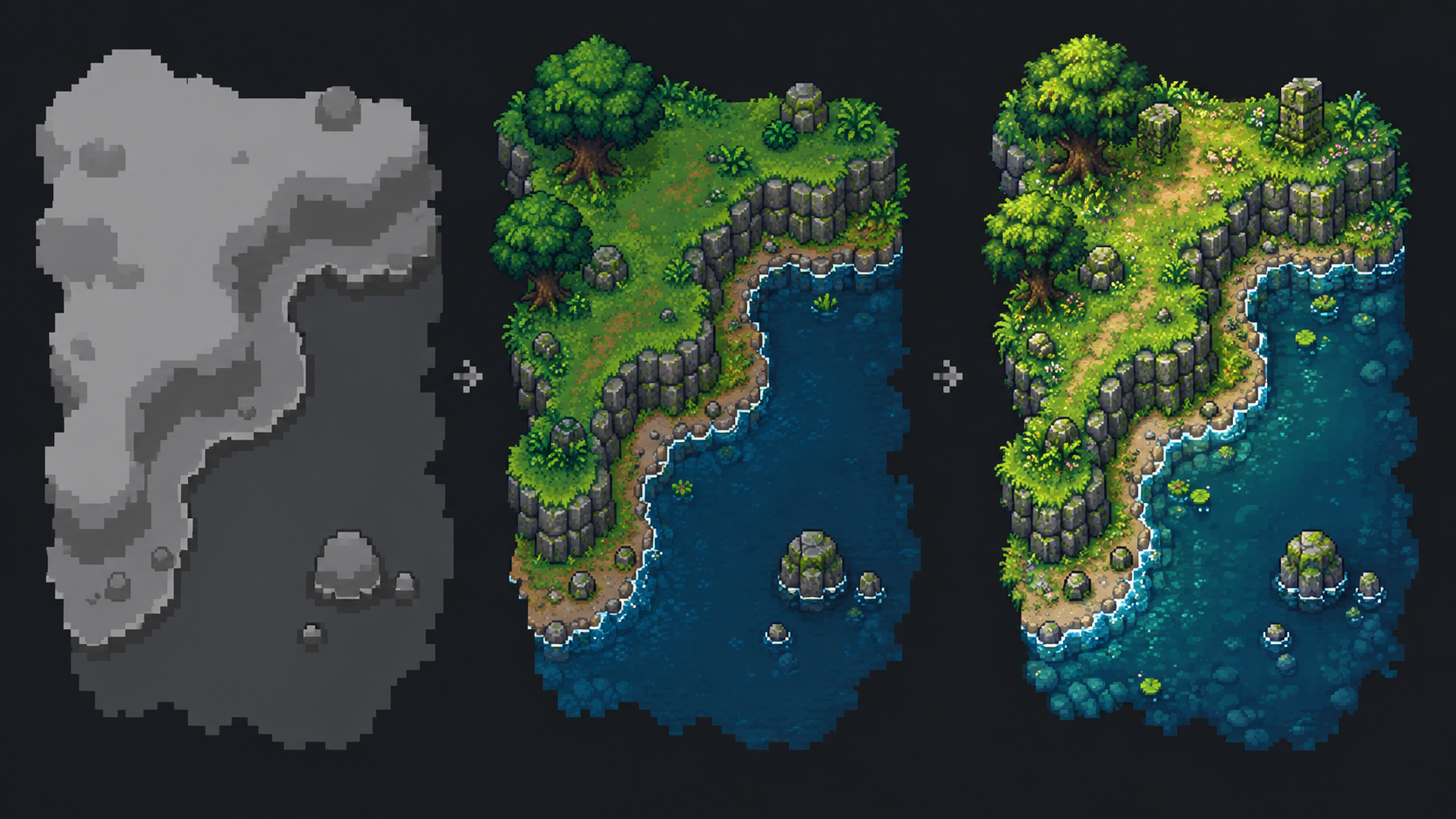 The same terrain shape shown as a plain base and two pixel-art styles