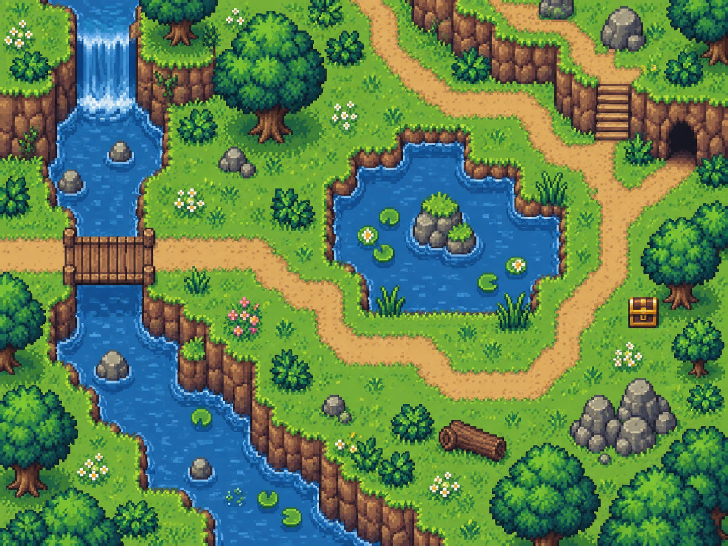 Small top-down pixel-art game level with paths, pond and trees
