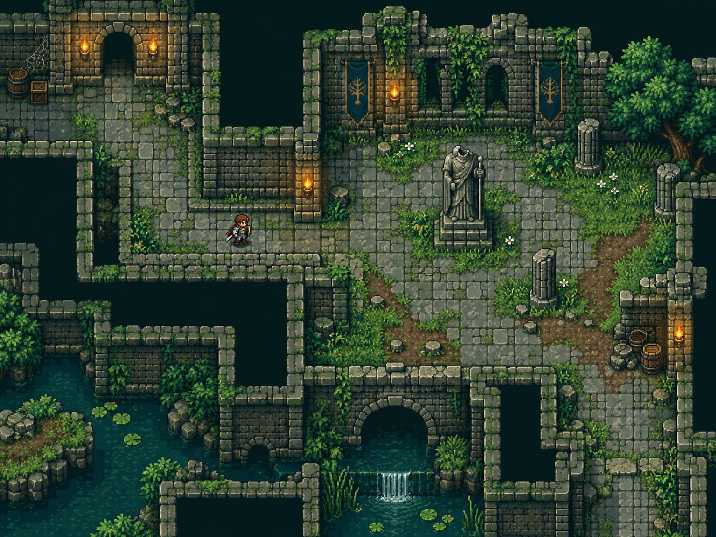 Top-down pixel-art RPG courtyard with mossy stone floor tiles