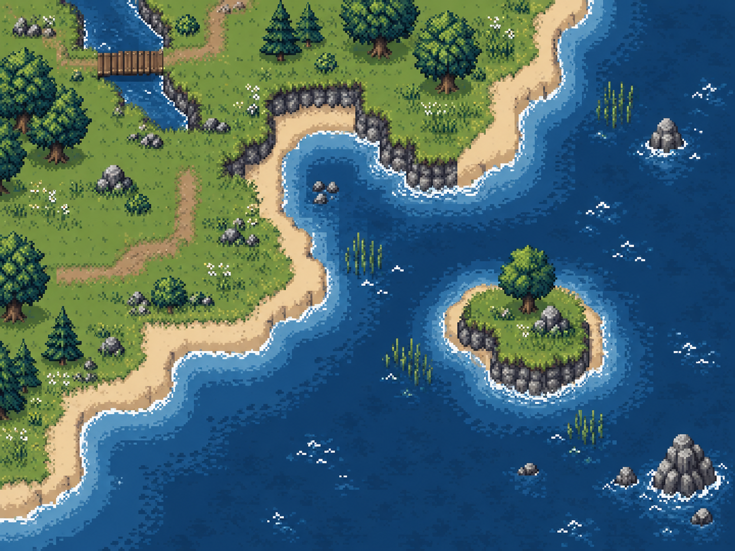 Pixel-art curved shoreline with an inlet and grassy island