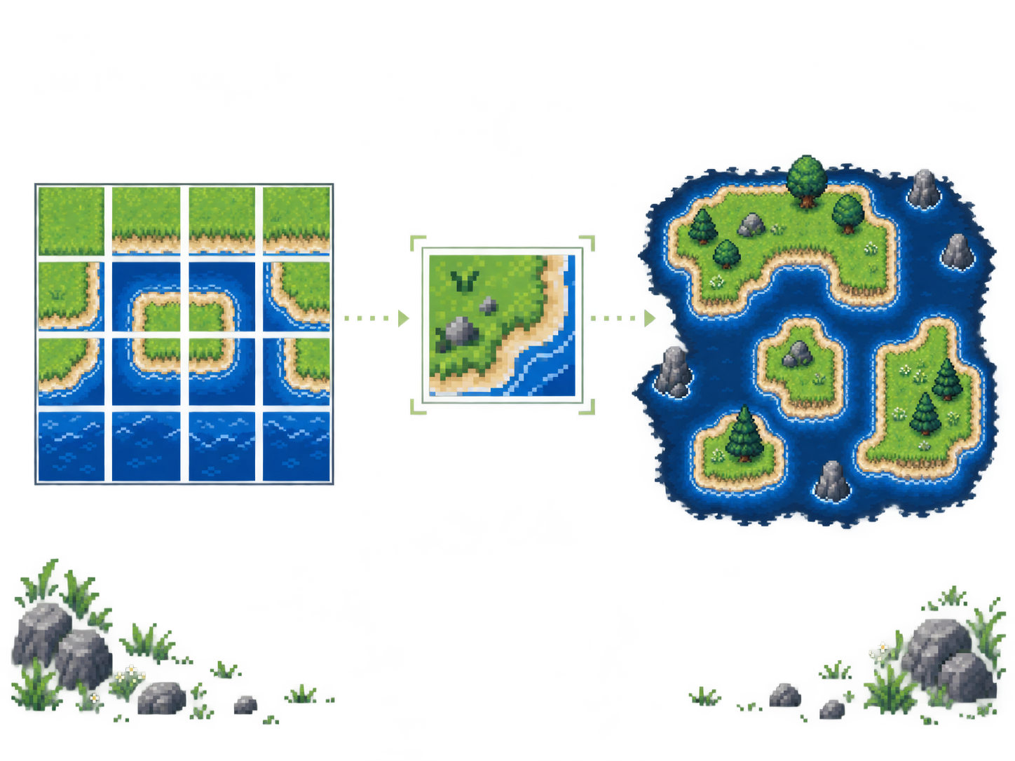 Pixel-art tileset sheet, selected tile and assembled test map