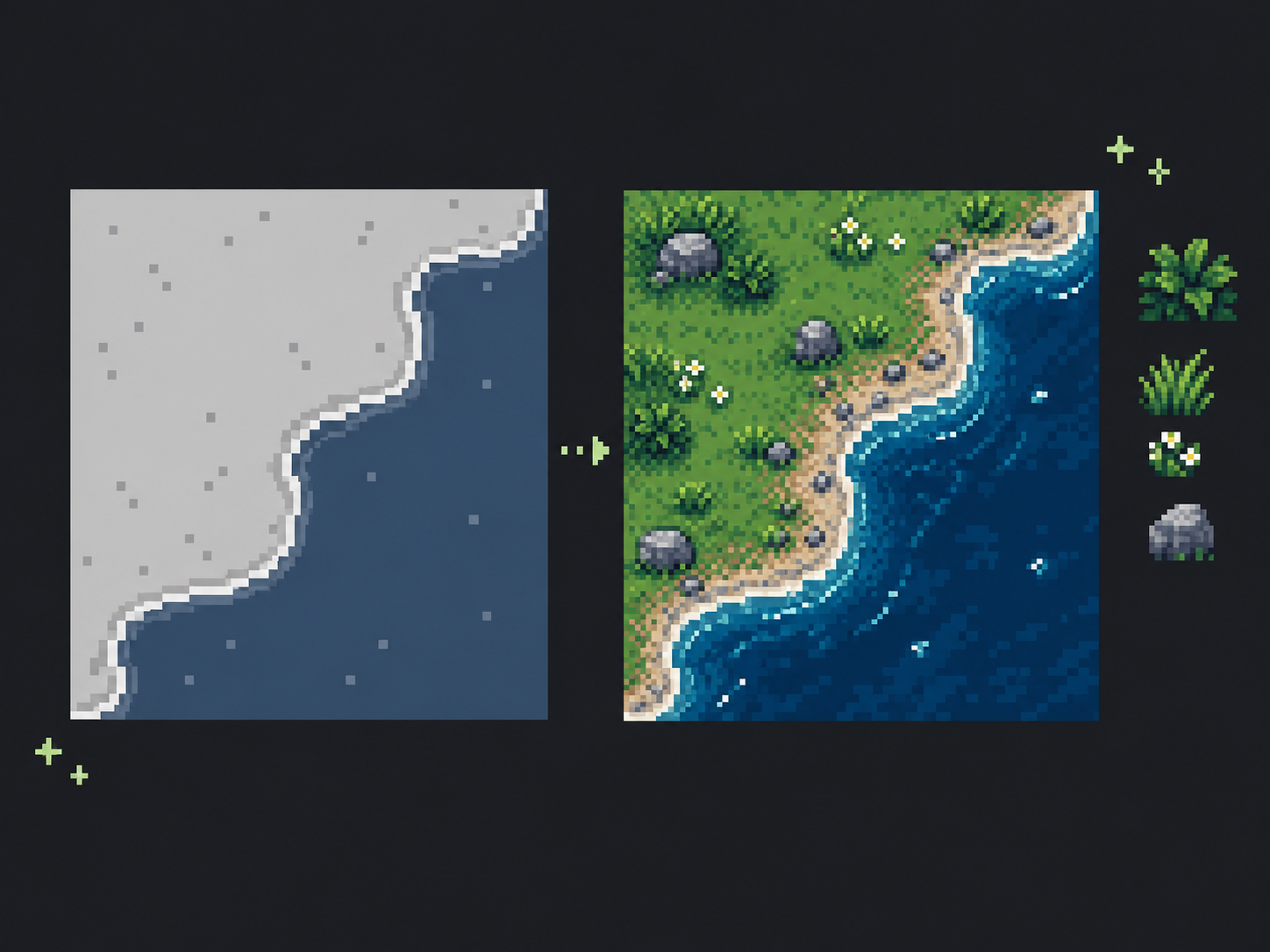 Neutral terrain base refined into textured pixel-art grass and water