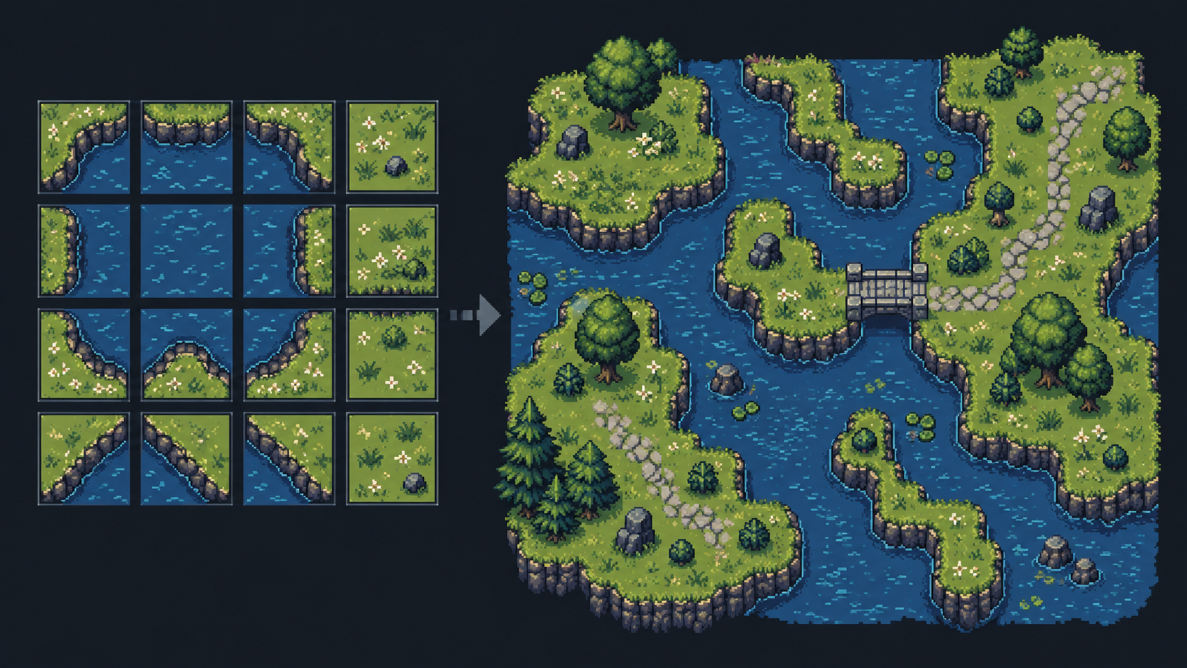 Pixel-art 4 by 4 terrain sheet beside an assembled river landscape